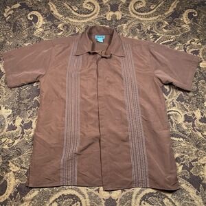 Vtg 90s USI Brown Cuban l Button Up Shirt Mens Size Large Polyester